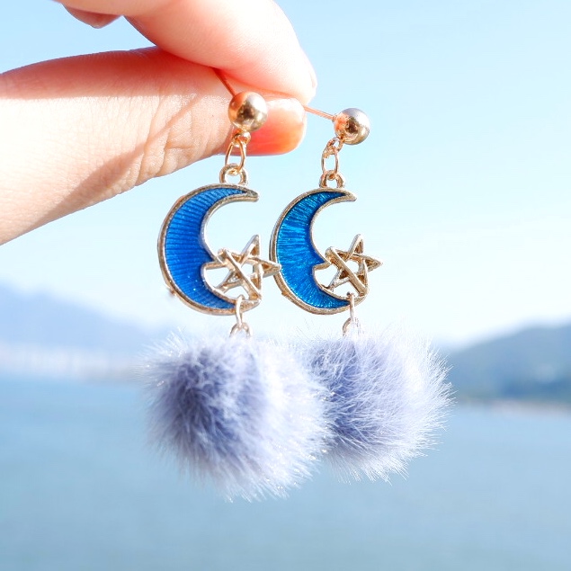 星月霧面藍毛球耳環/耳夾