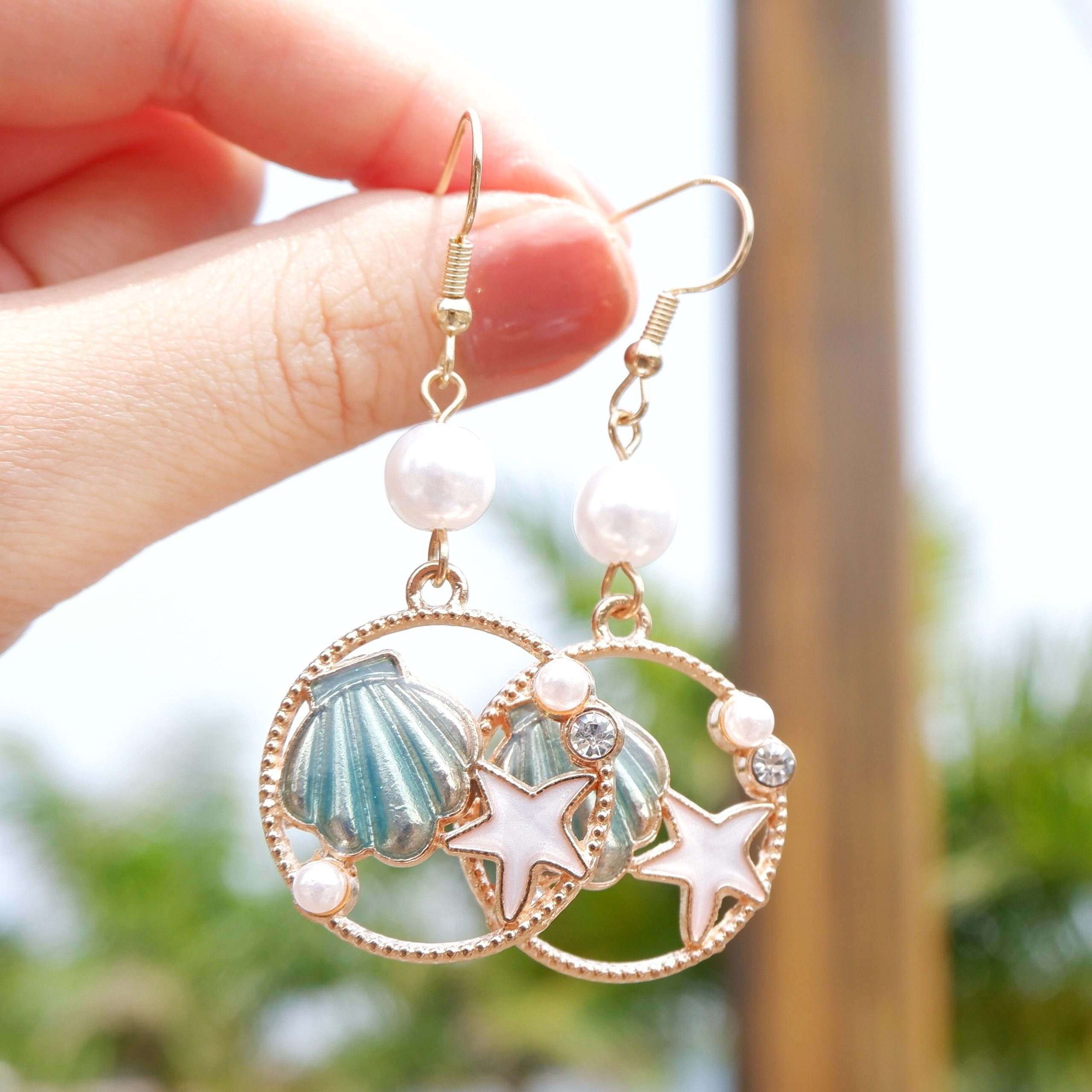 珍珠海綠貝殼耳環/耳夾