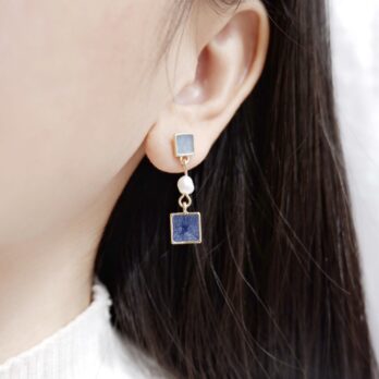 S925復古珍珠灰藍方塊耳環/耳夾