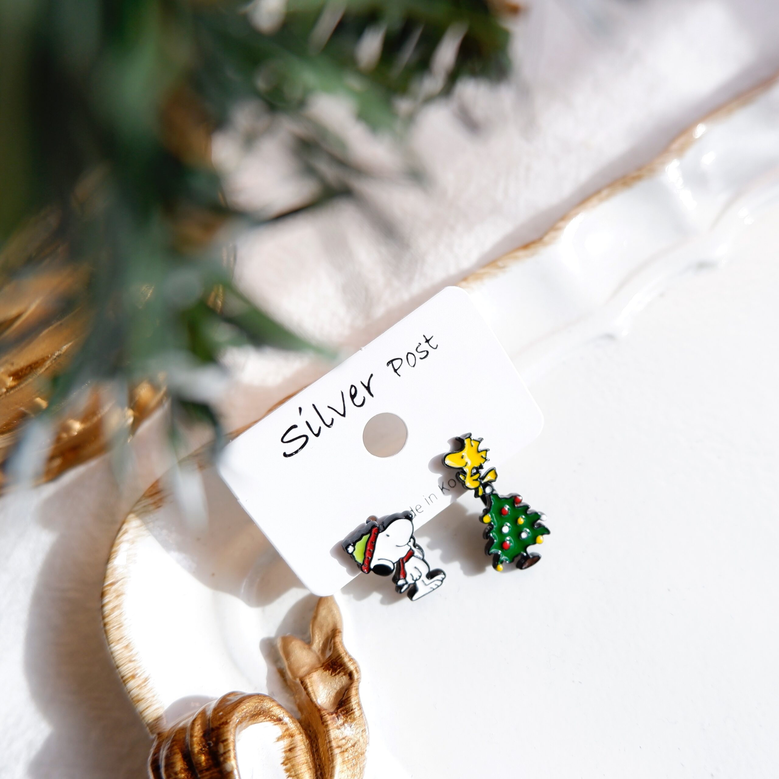 兩種戴法-S925-Snoopy聖誕樹耳環