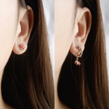 S925-粉紅水晶月亮小熊耳環/耳夾